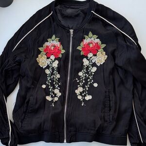 Blank NYC Black Bomber Jacket with Floral Embroidery